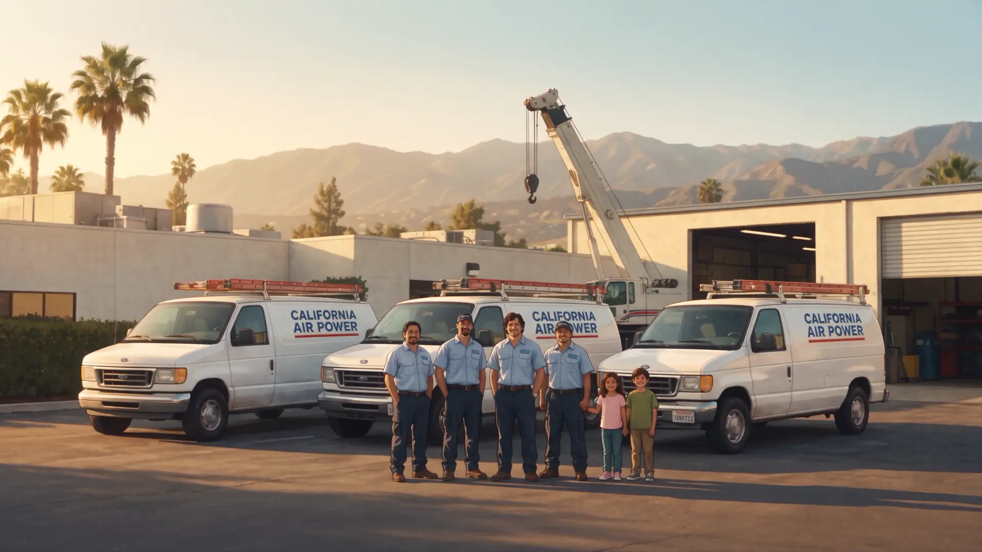 2001 scene: the family, early technicians, white service vans and a crane